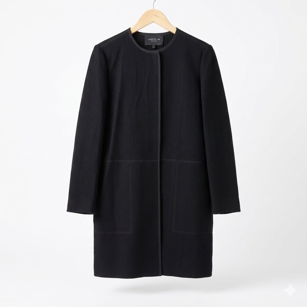 Lafayette 148 New York Black 100% Wool Collarless Long Light Jacket Cardigan‎